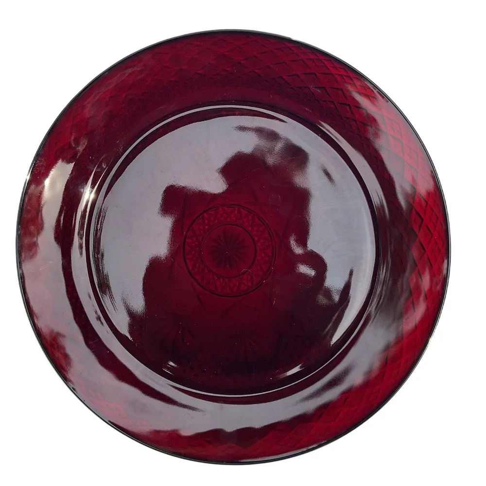 Cristal D'Arques-Durand Set of 2 Ruby Red Glass Plate Diamond & Star Pattern OS